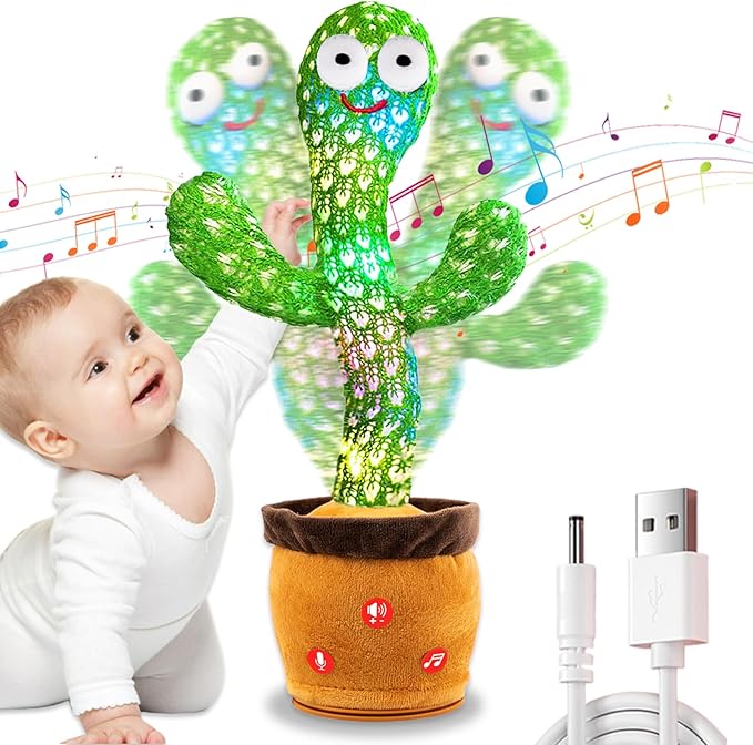 Rechargeable Talking Dancing Cactus Plush Toy for Baby Toddler 6-18 Months - Volume Adjustable Mimicking and Singing Cactus with Music & Light - Funny Birthday Gifts for 1 Year Old Boy Girl