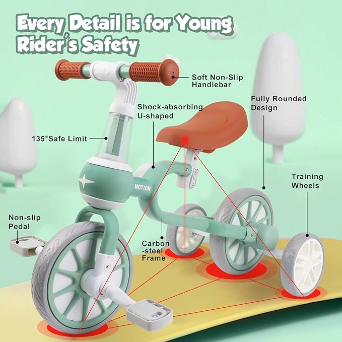 XIAPIA 3 in 1 Toddler Bike for 2-4 Year Old Girl Boy, Kids Tricycle with Adjustable Seat, Detachable Pedal and Training Wheels, Baby Balance Bike Trikes Riding Toys, Kids Chirstmas Birthday Gifts Pink