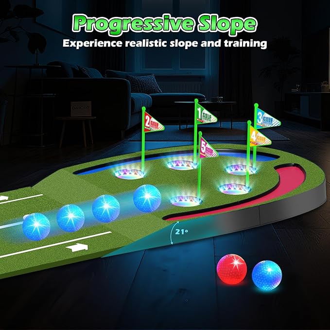 Golf Putting Mat for Kids, Toy Golf Set with Light up Holes, Glowing Balls, Practice Putting Green with 2 Clubs, Golfing Mats Indoor Outdoor, Sport Game Gifts for Kids Teens Family