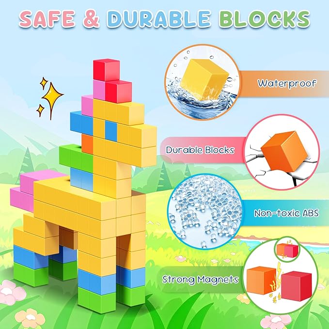 100PCS Magnetic Blocks, Color Magnetic Square for Kids Ages 3+ Boys and Girls, Magnet Blocks STEM Sensory Educational Christmas Birthday Gifts Construction Toys