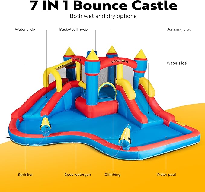 VIVOHOME 6 in 1 Bounce House for Kids, Big Swimming Pool Bouncy Castle with Slide, 15x14 FT Inflated Bouncer for Outdoor with Blower, Basketball, Climb, Srinkler, Water Pool, Water Gun