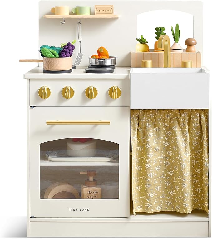 Tiny Land Play Kitchen, Kids Kitchen Playset, Toddler Kitchen with Cutting Food Set, Wooden Kitchen Sets for Kids, Best Gift for Girls and Boys