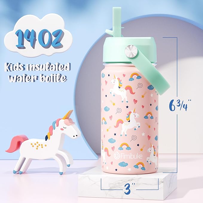 Fimibuke Kids Insulated Water Bottle, 14oz BPA FREE Double Wall Vacuum Tumbler 18/8 Stainless Steel Leak Proof Kids Cups with Straw Metal Bottle for School Boy Girl (2 Pack, UNICORN/WHITE DINOSAUR)