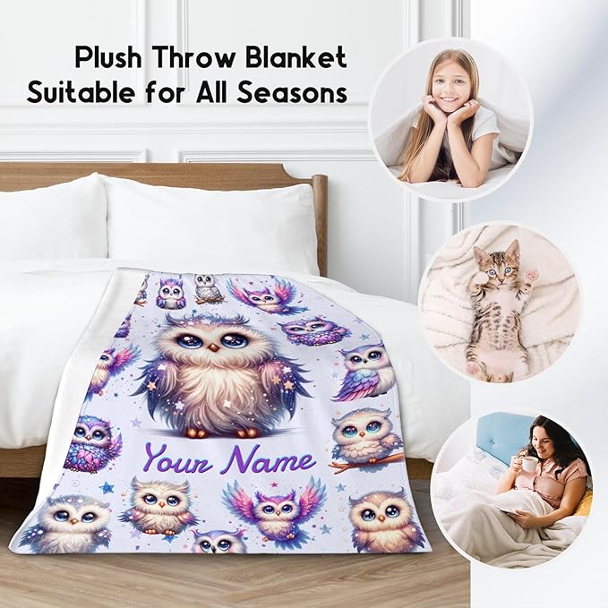 Toddlers Blanket Gifts, Girls Owl Blankets, Personalized Cute Owl Gifts for Women Adults, Custom Soft Fleece Kids Throw for Couch Sofa Bed, 60"x80"
