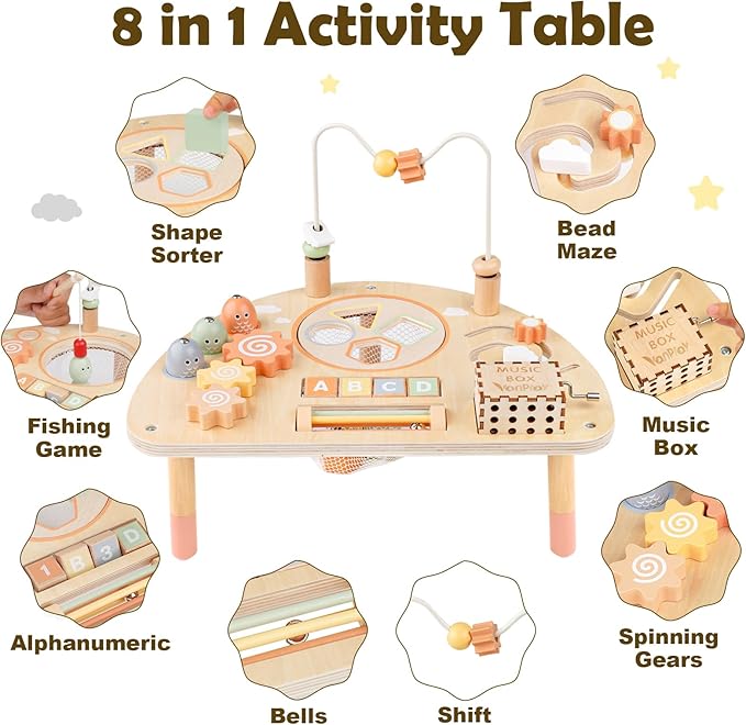 Activity Table for 1 Year Old, Montessori Toys for 1 2 Year Old Girls Boy Gifts, 8 in 1 Wooden Sensory Play Table for Toddler 1-3, Learning Toys for Baby 12-18 Months 1st Christmas Birthday Gifts