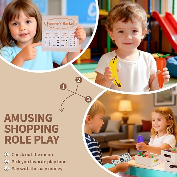 KMTJT Wooden Play Food for Toddlers 1-3 | 46 PCS Toy Food with Play Money for Pretend Play Kitchen Accessories | Wood Play Fake Food Sorting Toys for 12-18 Months Boys Girls | 1st Birthday Gifts