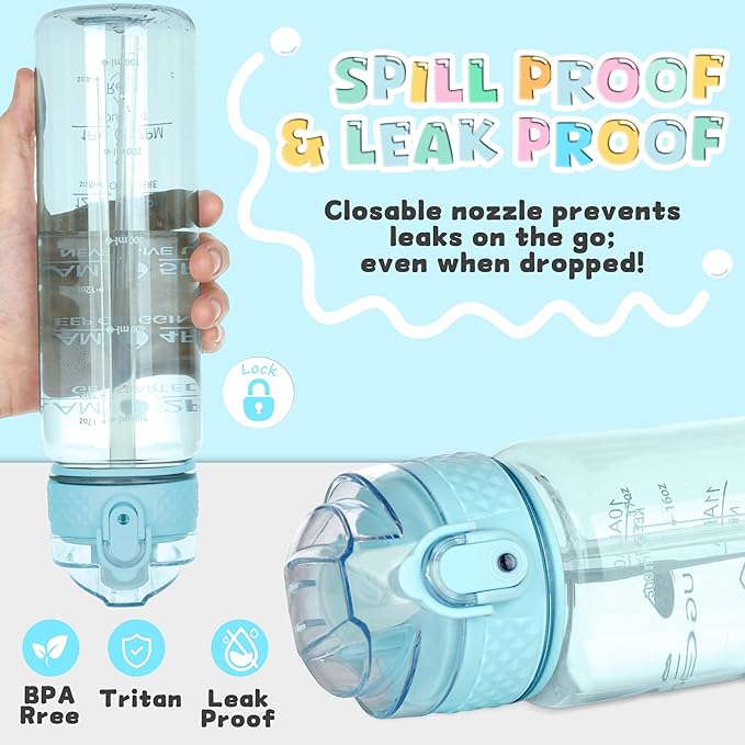 OLDLEY 17oz Kids Motivational Water Bottle, Silicone Straw, Leak-Proof Tritan BPA-Free, Reusable for School Girls & Boys, Cerulean