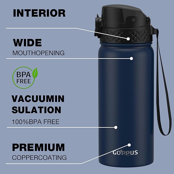 Kids Water Bottle, GOPPUS 18 Oz Stainless Steel Travel Bottle, Double Wall Vacuum Leak Proof Kids Cup for School Boys Girls, Navy Blue