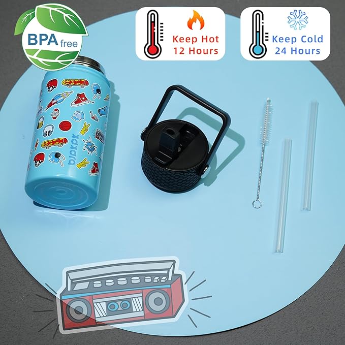 BJPKPK Insulated Water Bottle with Straw Lid, 15 oz Stainless Steel Metal Water Bottles, Reusable Leak Proof BPA Free Water Bottles, Cups, Thermo, Playground