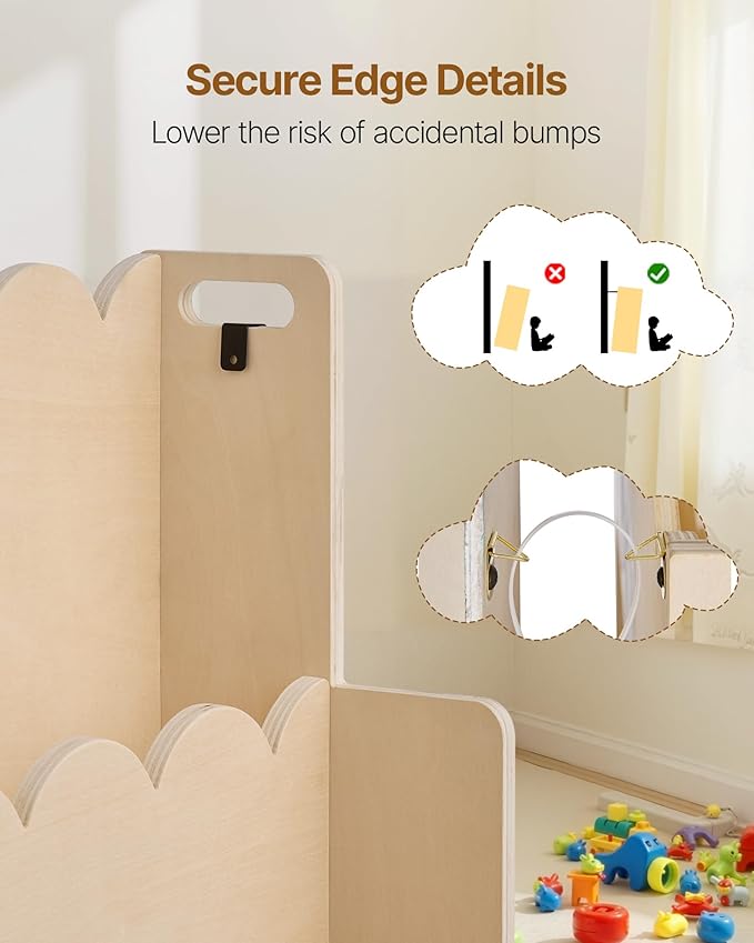 VEVOR 3-Tier Montessori Bookshelf, Scalloped Kids Bookcase, Wooden Book Shelf with 2 Dual Hooks, Daycare Furniture Display Bookshelf for Bedroom, Living Room, Entryway, Nursury, Preschool