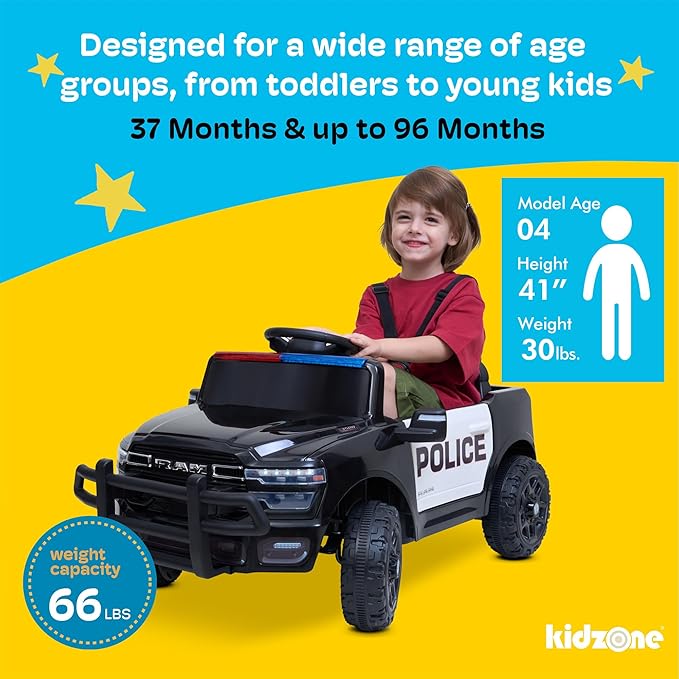 Kidzone Ride On Truck for Kids, Licensed RAM 3500 12V Battery Powered Electric Car Toy with Remote Control, LED Lights, Bluetooth Music & Rear Suspension - Black w/Police Design