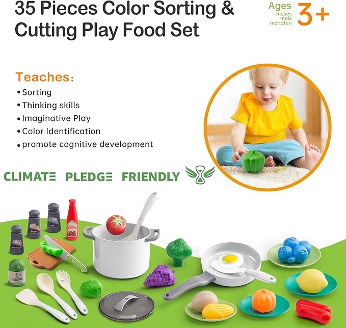 35Pcs Kids Kitchen Toy Accessories, Toddler Pretend Cooking Playset with Play Pots, Pans, Utensils, Cookware, Play Food Set, Toy Vegetables, Learning Gift for Girls & Boys (White)