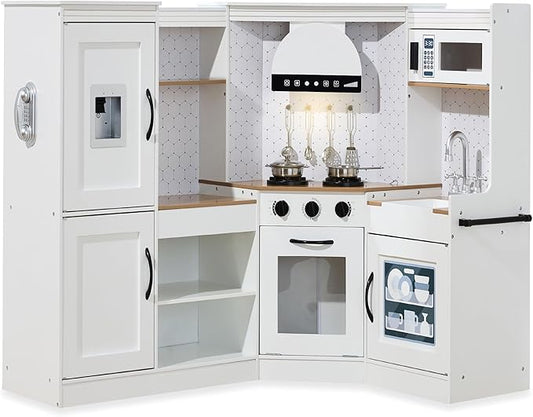 Best Choice Products Pretend Play Corner Kitchen, Ultimate Interactive Wooden Kids Playset w/Lights & Sounds, Ice Maker, Hood - Farmhouse White