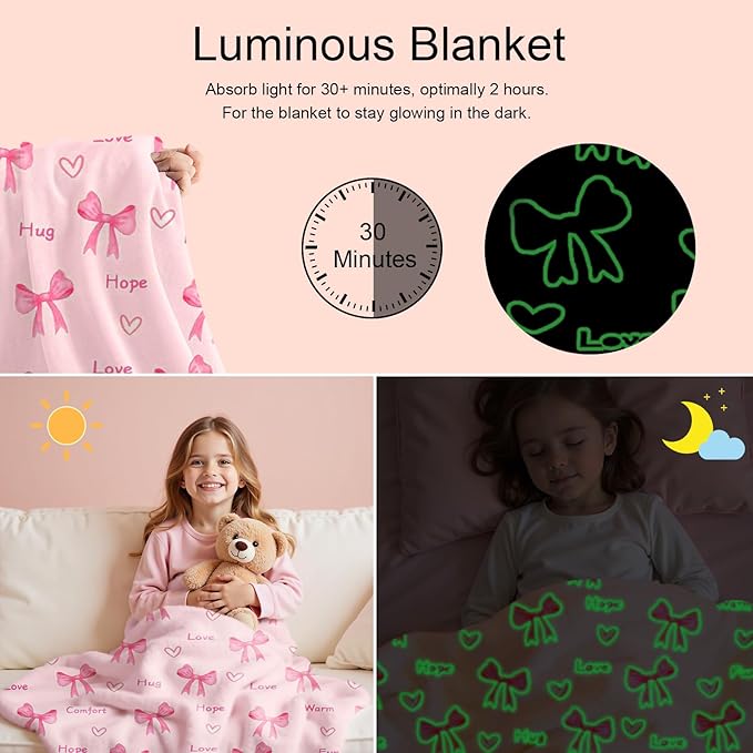 Lotus Karen Pink Bow Glow in The Dark Love Blanket Birthday Gifts for Girls 1 2 3 4 5 6 7 8 9 10 11 12 Kids Blanket with Heart Halloween Christmas Girl Gifts Ideas Cute Bedroom Decor（Pink Bow 50"×60"