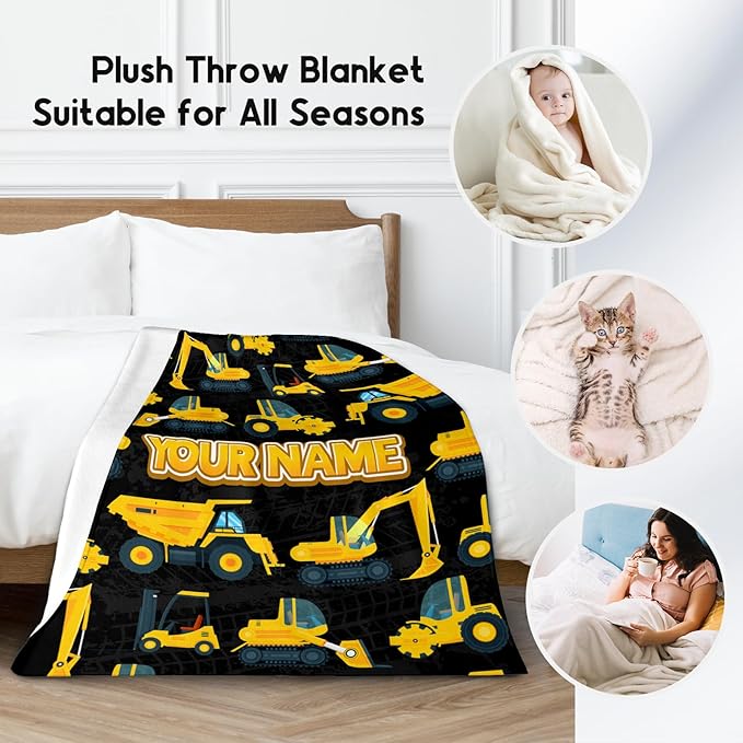 Personalized Truck Blanket with Name, Custom Kids Boys Blanket for Truck Lovers, Toddler Blankets for Boys Car Gifts, Flannel Soft Throw Blanket for Couch Office (Yellow, 40x50 Inch)