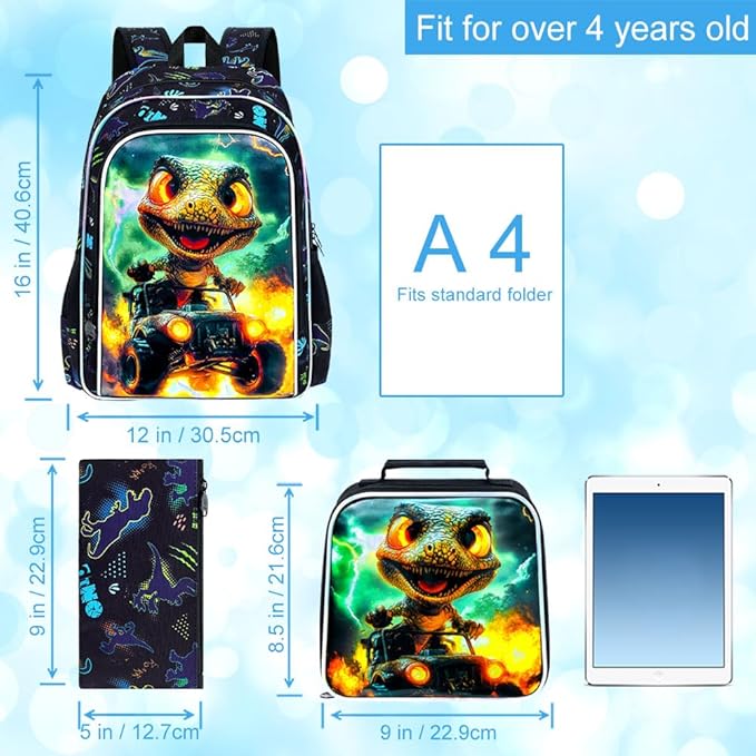 16" Dinosaur Backpack for Boy, 3Pcs Truck Bookbag with Lunch Box, Kids School Backpacks for Elementary Preschool Kindergarten (Black)