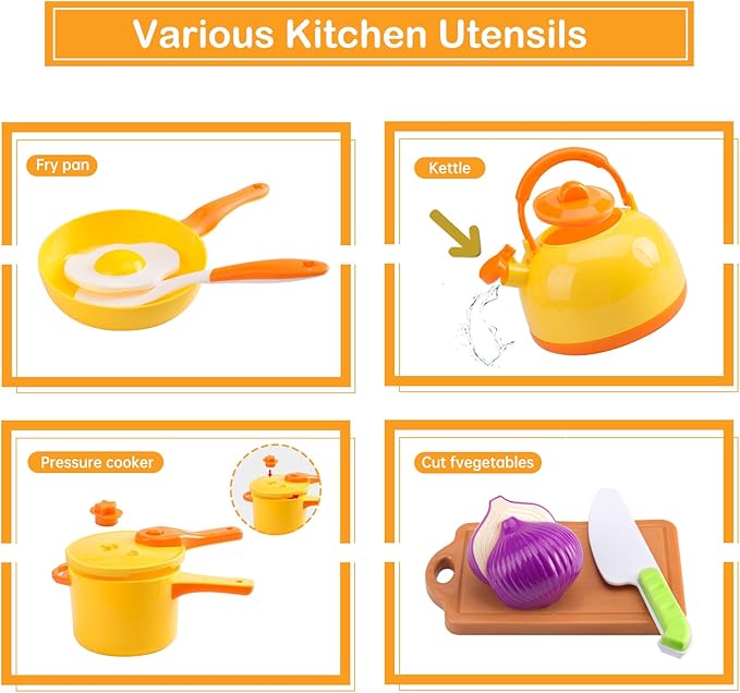 200Pcs Mini Play Kitchen Accessories for Kids, Pretend Cooking Playset with Cookware, Tableware & 2 Fruit Sets, Learning Gift for Girls, Boys, Toddlers, Yellow