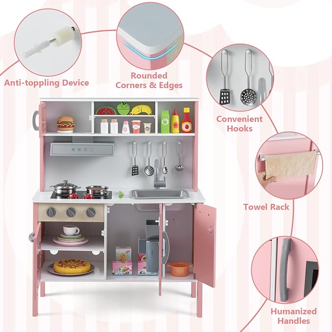 Costzon Kids Kitchen Playset, Wooden Pretend Toddler Kitchen Toy Set w/Sound, Microwave, Oven, Ice Maker, Range Hood, Stoves, Sink & 18 Accessories, Pink Play Kitchen for Girls Ages 3+