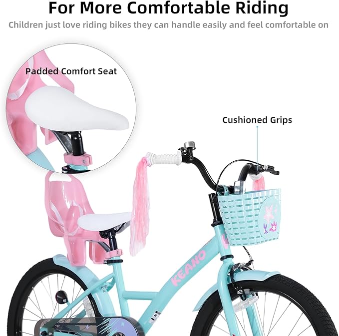 KEANO Zinnia 14 16 20 Inch Kids Bike for Girls Ages 3-10 Years, Girls' Bikes with Training Wheels, Streamers, Basket and Doll Seat, Children Bicycles