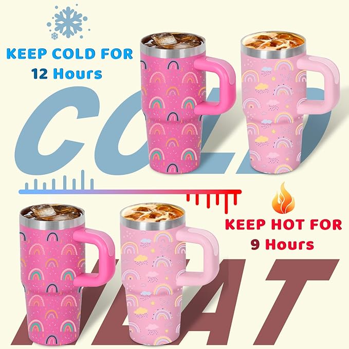 Cosictic 14 Oz Rainbow Tumbler with Handle and Straw for Kids, Stainless Steel Insulated Rainbow Cup for Children, 14 Oz Cups for Kids (Hot Pink)