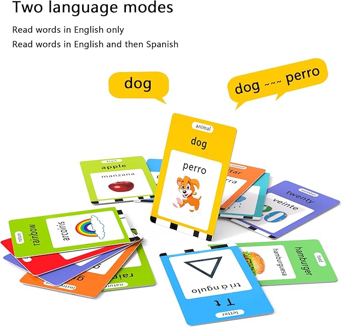 Lapare Spanish and English Bilingual Audible Flash Cards Toy with Music, Learn Spanish and English for Kids, Niñas, Niños, Bebes