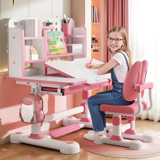 Upgraded Kid's Desk and Chair Set, Adjustable Children's Study Table with Bookshelf and Storage Drawer, 50-Degree Tiltable Desktop with Chair for Bedroom Pink