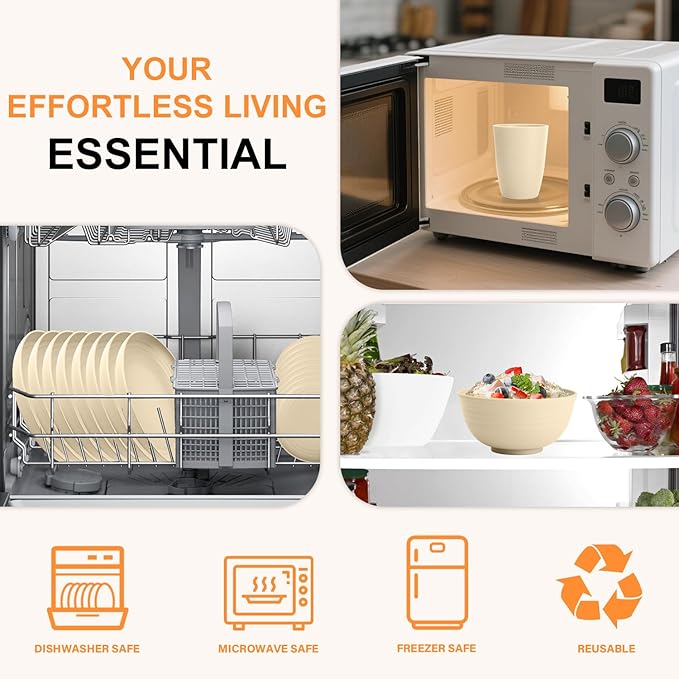 Wheat Straw Dishes Set Service for 8, Reusable Plastic Dinnerware Set 32 PCS, Kitchen Plates and Bowls sets, Unbreakable Microwave and Dishwasher Safe Camping Dishes for RV, Outdoor - Beige