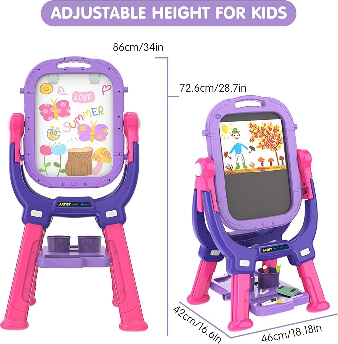 Easel for Kids, Toddler Art Easel Adjustable Standing, Magnetic Double Sided Easel with Painting Accessories Gift for Boys and Girls (Purple red)