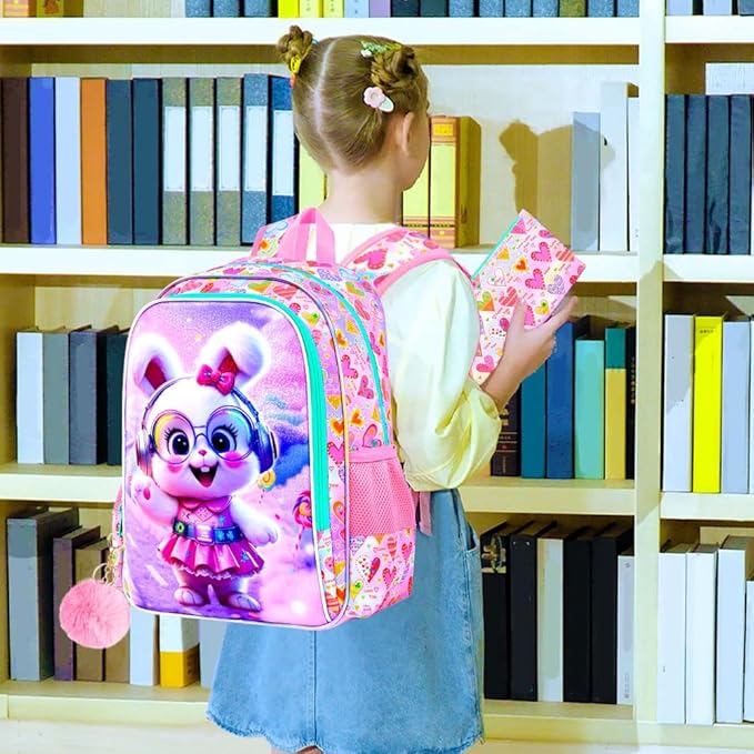 CCJPX 16" Bunny Backpack for Girls, 3Pcs Kids Bookbag with Lunch Box, Water Resistant Elementary School Bag for Kindergarten Preschool Toddler (Pink)