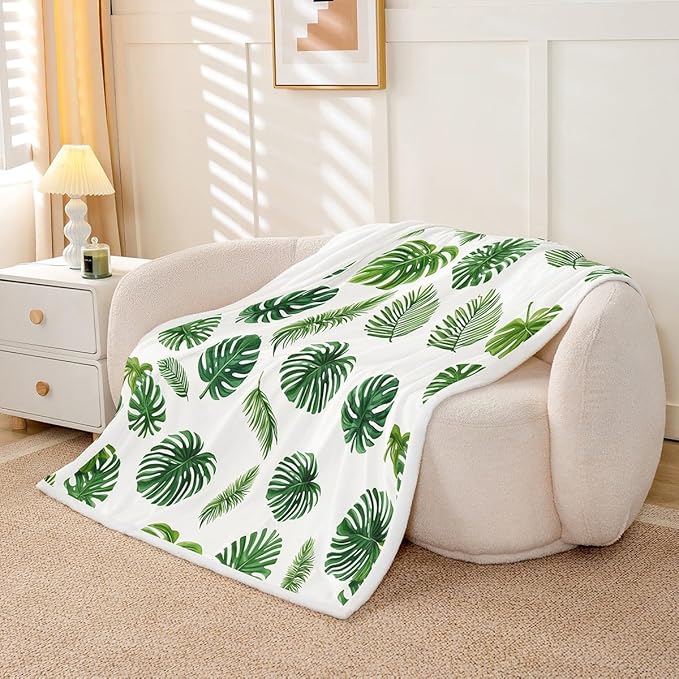 Tropical Leaves Fleece Throw Blanket for Kids Girls Boys Palm Leaf Pattern Plush Blanket Decorative Botanical Plant Sherpa Blanket Green Leaf Branches Fuzzy Blanket for Sofa Bed Couch,Queen 90x90 Inch