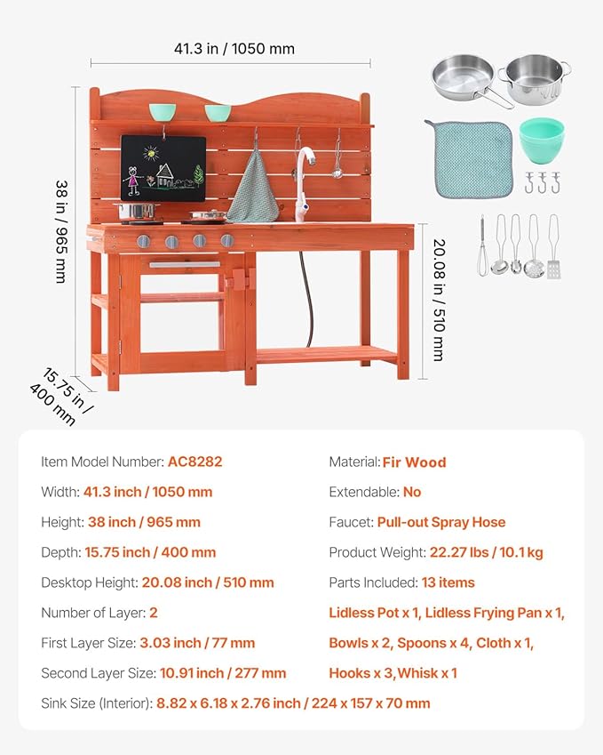 VEVOR Wood Outdoor Play Kitchen for Kids, 41.3in Extra-Wide Design with Realistic Stoves, 2 Removable Sinks, Upgraded Faucet, Blackboard & Cookware Pots, Outdoor Mud Kitchen for Boys & Girls