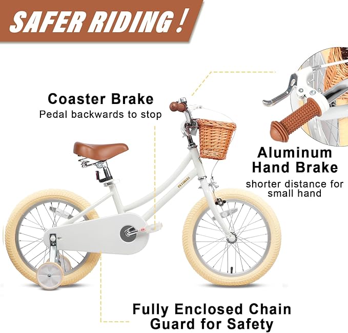 Petimini Girls Bike with Basket for 2-12 Years Old Kids, 12 14 16 18 20 Inch Bicycle with Bell Training Wheels Basket, Multiple Colors