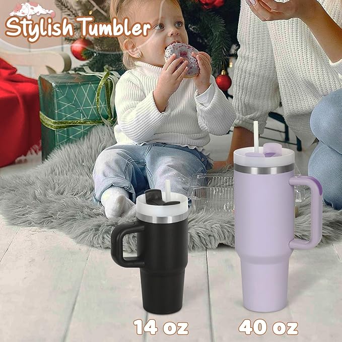 Cosictic 14 Oz Tumbler with Handle and Straw for Kids, Stainless Steel Double Wall Vacuum Insulated Cup for Children, 14 Oz Cups for Kids (Black)