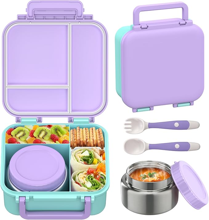 Bento Lunch Box for Kids with 9oz Thermo, Leak-proof Lunch Containers with 3 Compartments,Kids-friendly Size,Durable/Dishwasher Safe Lunch Box for School Outdoors-Purple-blue