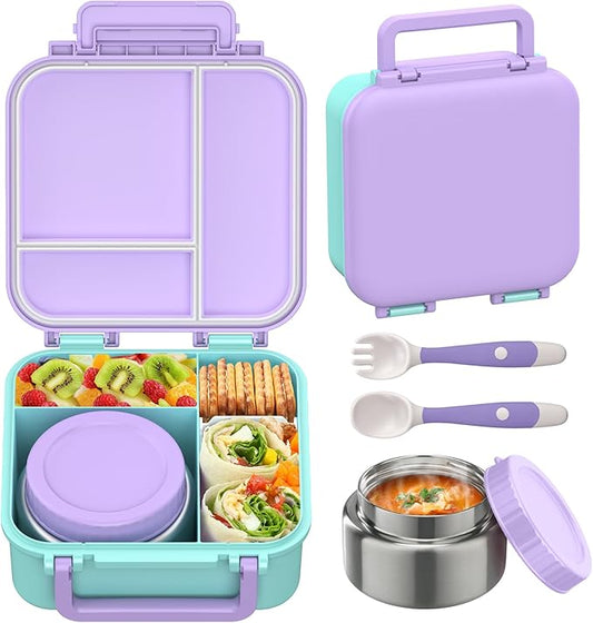 Bento Lunch Box for Kids with 9oz Thermo, Leak-proof Lunch Containers with 3 Compartments,Kids-friendly Size,Durable/Dishwasher Safe Lunch Box for School Outdoors-Purple-blue