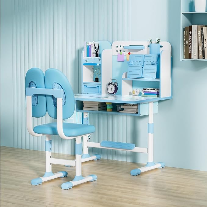 Upgraded Kid's Desk and Chair Set, Adjustable Children's Study Table with Bookshelf and Storage Drawer, 50-Degree Tiltable Desktop with Chair for Bedroom (Blue not Leaning)