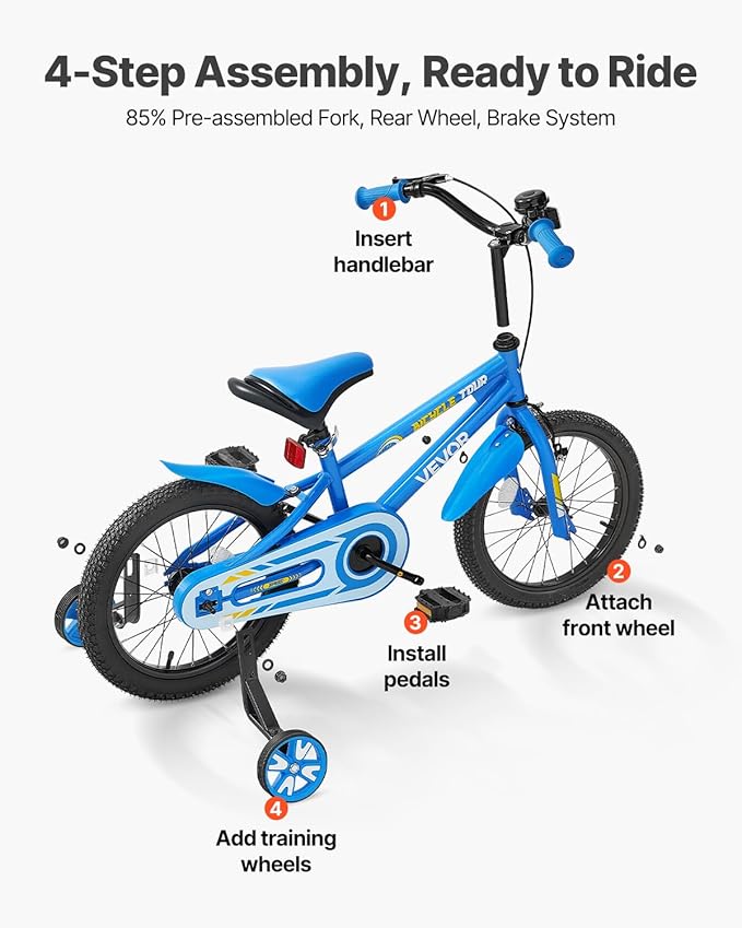 VEVOR Kids Bike, 14/16/18 Inches BMX Style Children Bicycle, Training Wheels Included, Sturdy and Easy to Assemble, Toddler Bike for Boys & Girls Learning to Ride, Blue