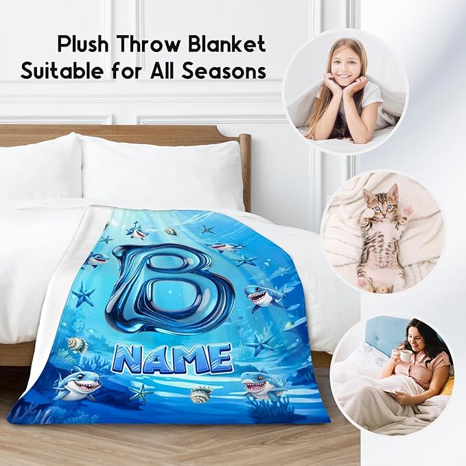 Personalized Shark Blanket - Initial Gifts for Kids Boys - Custom Flannel Cozy Blankets for Living Room, Office