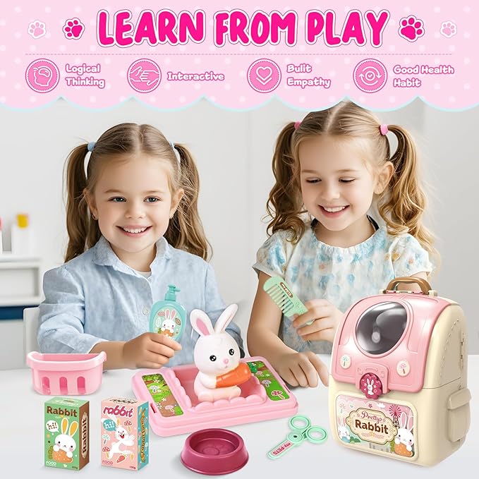 Shemira Girl Toys Gifts for 2 3 4 5 6 Years Old, Toddler Girl Toys, Bunny Toys for Kids, Easters' Gifts for Girls, Pet Care Pretend Toys with Toy Bunny & Storage Backpack