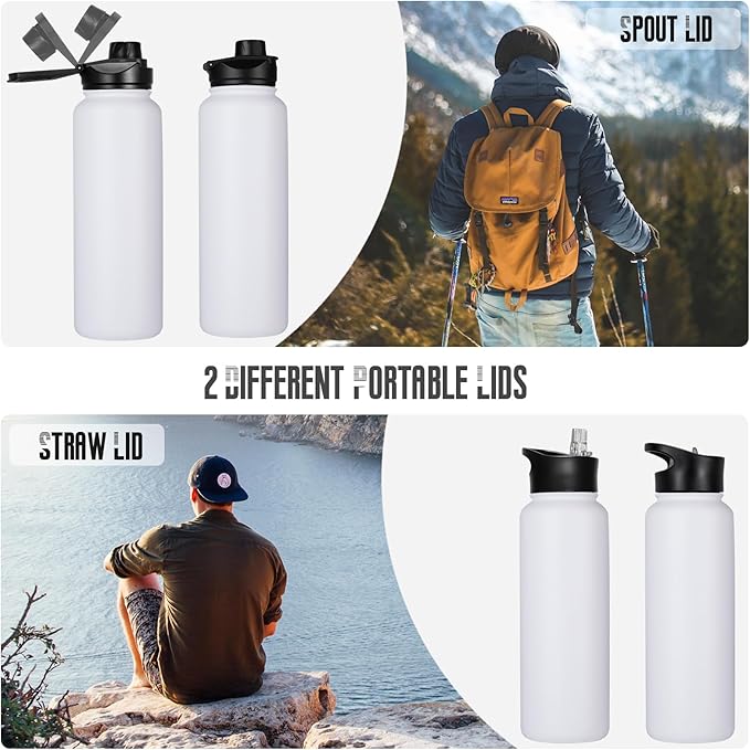 40 oz Insulated Water Bottle with Straw, Stainless Steel Sports Water Bottles with 2 Lids (Straw and Wide Mouth lid), Double Wall Vacuum, Leakproof, BPA-Free, White