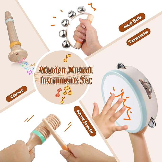 Montessori Toys Wooden Musical Instruments for Kids, Percussion Instruments Music Toy Set with Tambourine, Handbells, Clarinet, Sounder for Toddlers, Educational Toys for Baby (Natural Color)