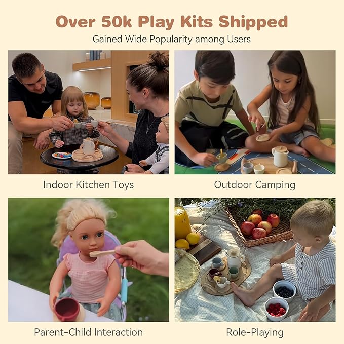 Youuys Wooden Tea Party Set for Toddler 3-5,Kids Tea Sets for Little Girls 4-6, 14pcs Silicone Kitchen Accessories, Pretend Play Montessori Toys with Tray for 3 4 5 6 Year Old Birthday