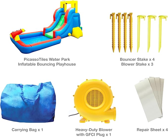 PicassoTiles KC108 Water Slide Park Inflatable Bouncing House w/Pool Area (Splash Zone), Climbing Wall, Shower Head Sprays Mounts, Water Cannon Mount and Heavy Duty GFCI ETL Certified 385W Blower