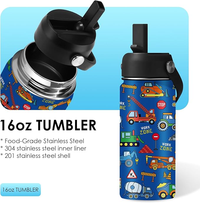 Construction Gifts for Men & Women - 16 Oz Water Bottle with Straw Lid, Stainless Steel Insulated Tumbler, Leak Proof, BPA-Free, for Boys, Travel - Truck Lovers Teen Birthday Gifts Cups(1pc)