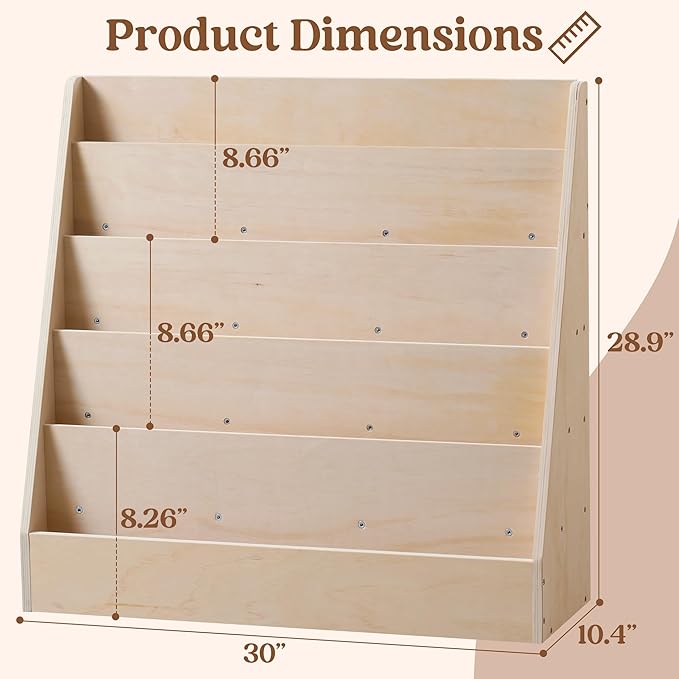 Montessori 5-Tier Kids Bookshelf & Organizer, Pine Plywood Forward-Facing Book Display Shelf for Playroom, Nursery & Classroom