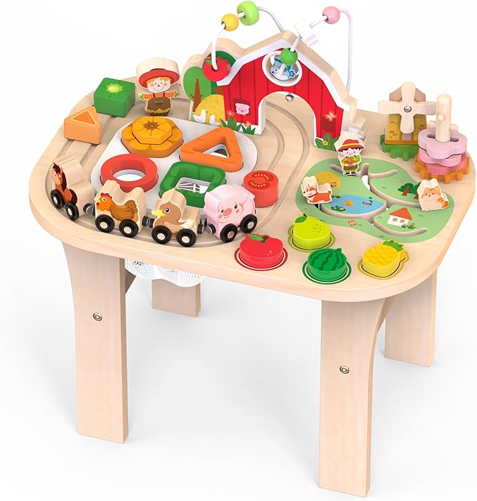 Activity Table for 1 Year Old, Baby Wooden Sensory Table with Bead Maze Shape Sorter Train Track for Toddler, Farm Montessori Toy Activity Center Educational Learning Toys for Kid 12+ Months (Natural)