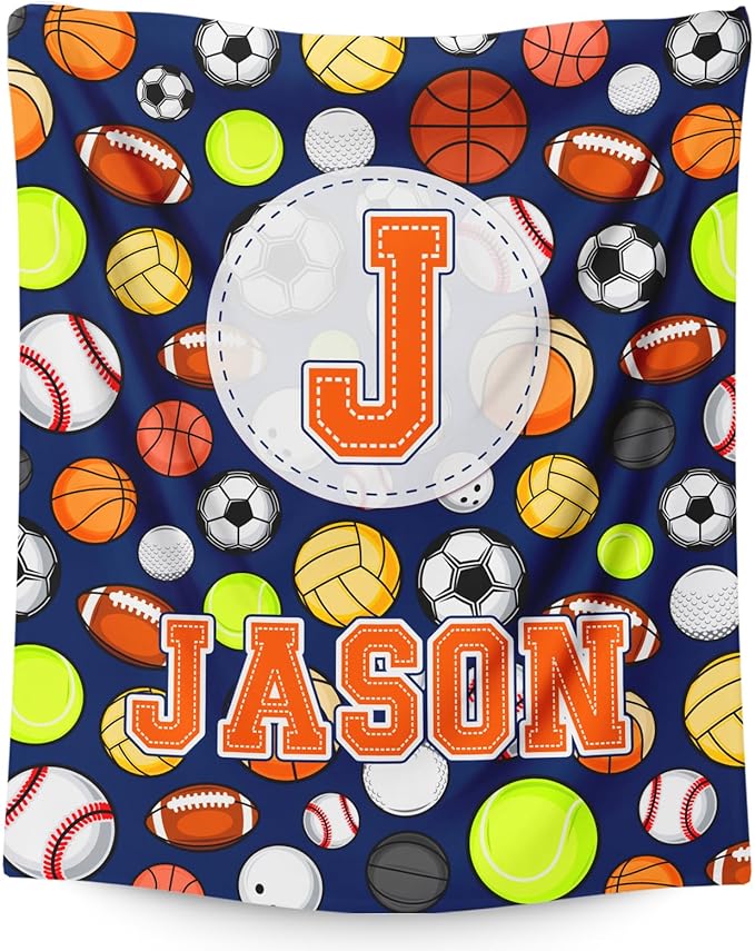 Gift for Boys, Personalized Sport Throw Blanket with Initial for Kids Toddler Teens Sports Lovers, Custom Soft Fuzzy Blankets for Bed Couch Sofa Decor(4 Sizes Optional)