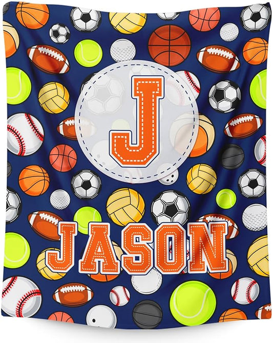 Gift for Boys, Personalized Sport Throw Blanket with Initial for Kids Toddler Teens Sports Lovers, Custom Soft Fuzzy Blankets for Bed Couch Sofa Decor(4 Sizes Optional)