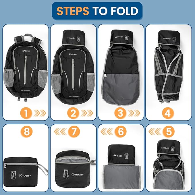 ZOMAKE Ultra Lightweight Packable Backpack 25L, Foldable Hiking Backpacks Water Resistant Small Folding Daypack for Travel(Solid Black)