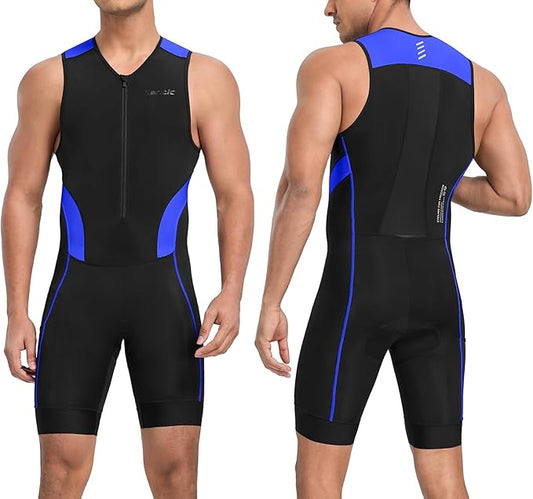 Santic Men's Triathlon Suit Sleeveless Skinsuit Padded Quick-Dry Swim Bike Run with Pockets